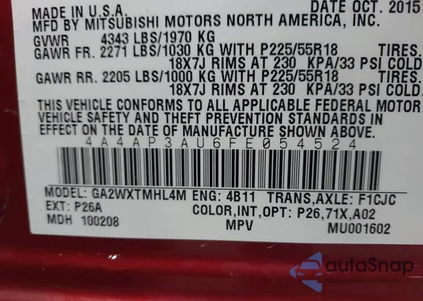 2015 Mitsubishi Outlander Sport Es z USA, uszkodzony, nr VIN 4A4AP3AU6FE054524